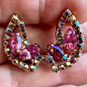 Vintage Pink Rhinestone Clip On Earrings with Aurora Borealis Gold Tone Setting
